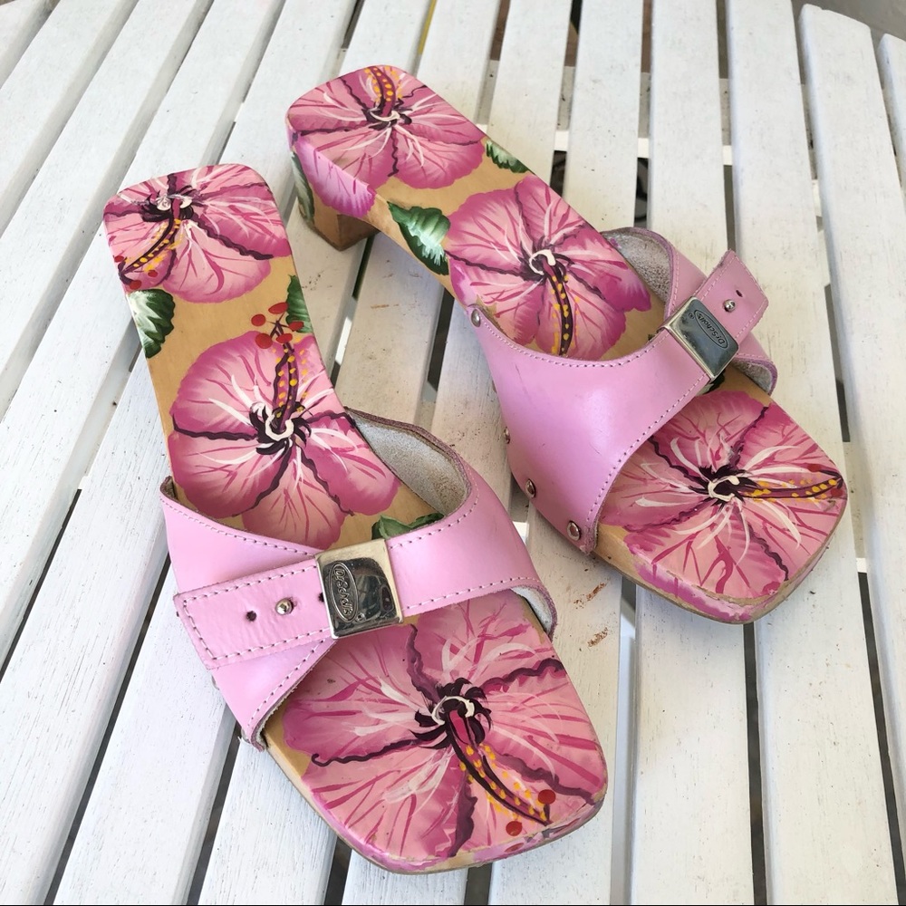 Dr. Scholl’s CUSTOM Pink Wooden Sandals Hibiscus
